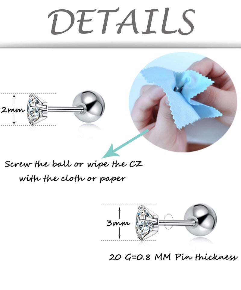 Tornito 12 Pairs Tiny Stud Earrings Stainless Steel Round Cubic Zirconia Barbell Stud Earrings Set For Men Women Screw Flat Back Earrings 2MM-3MM 20G - Image 2
