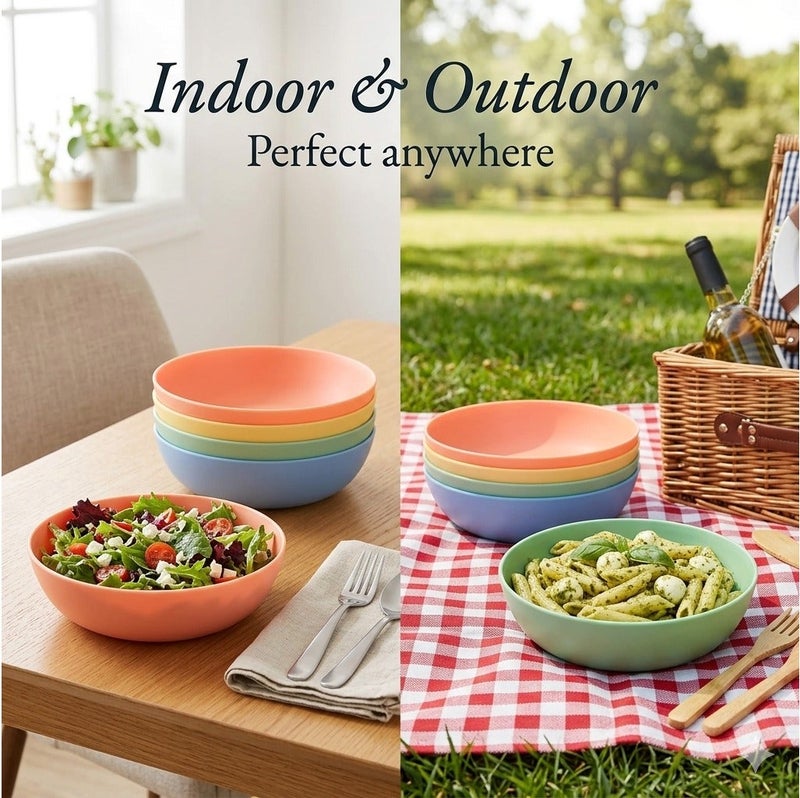 TarHong 8.6 Inch Polypropylene Low Bowls Set of 4, 49 oz Shatter-Resistant Microwave Dishwasher Safe Dinnerware, Wide Shallow Pasta Salad Cereal Bowls, Stackable Indoor Outdoor Assorted Colors - Image 5