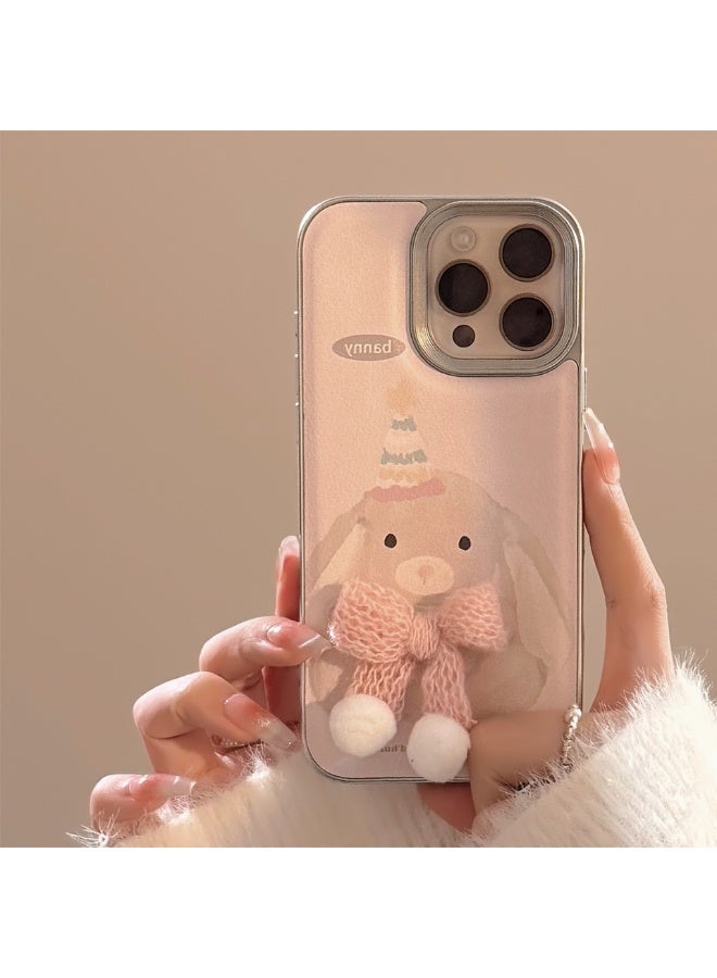 NIBEMINENT Gray Rabbit Fur Plush Pom Pom Stickers Protective TPU Case Cover For iPhone 15 Pro, Matte Silver