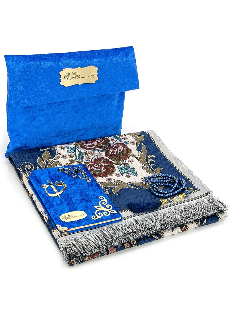 İhvan Online Luxury Prayer Rug Set with Velvet Pouch - Navy Blue Color