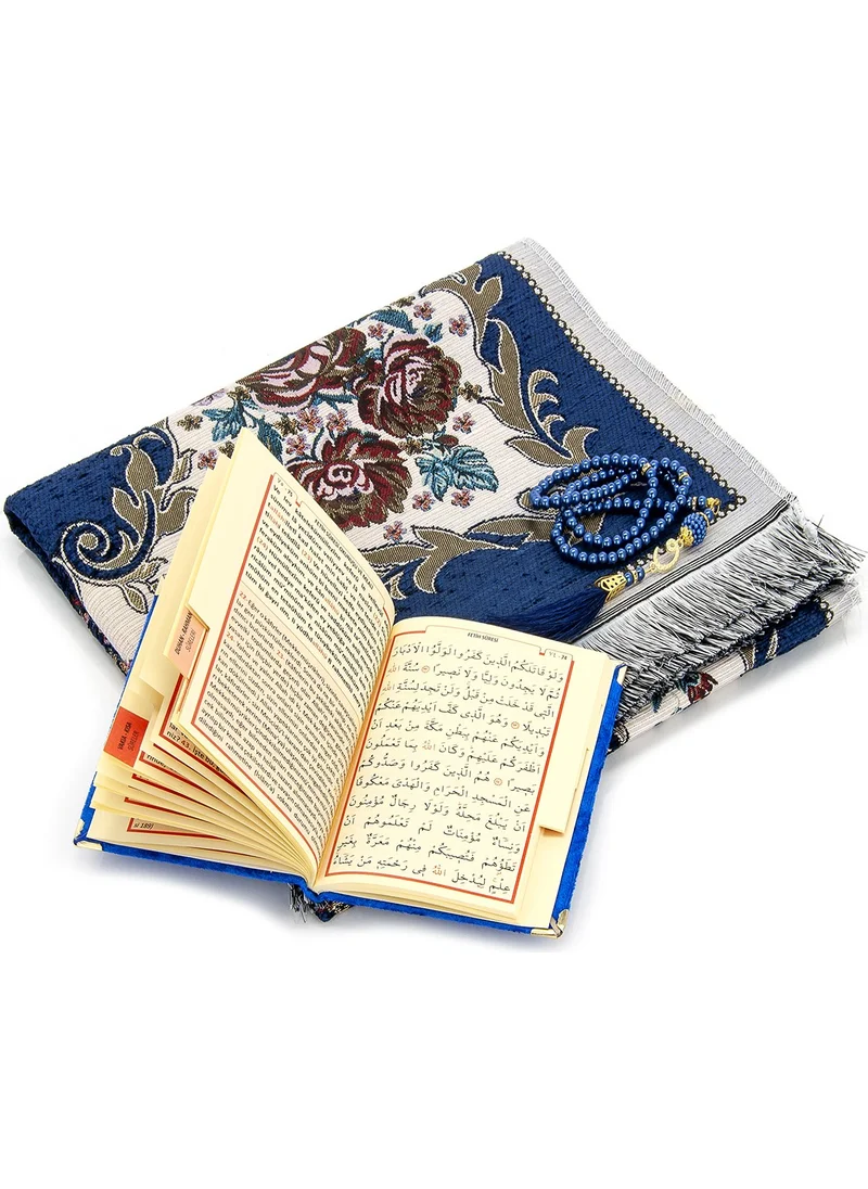 İhvan Online Luxury Prayer Rug Set with Velvet Pouch - Navy Blue Color