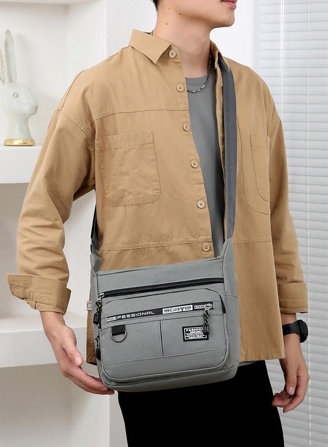 Nispruhay Casual Nylon Messenger Bag Waterproof Wear-resistant Backpack with Zipper Closure Multilayer Pocket Large Capacity Men's Tote Bag (Grey) - Image 3