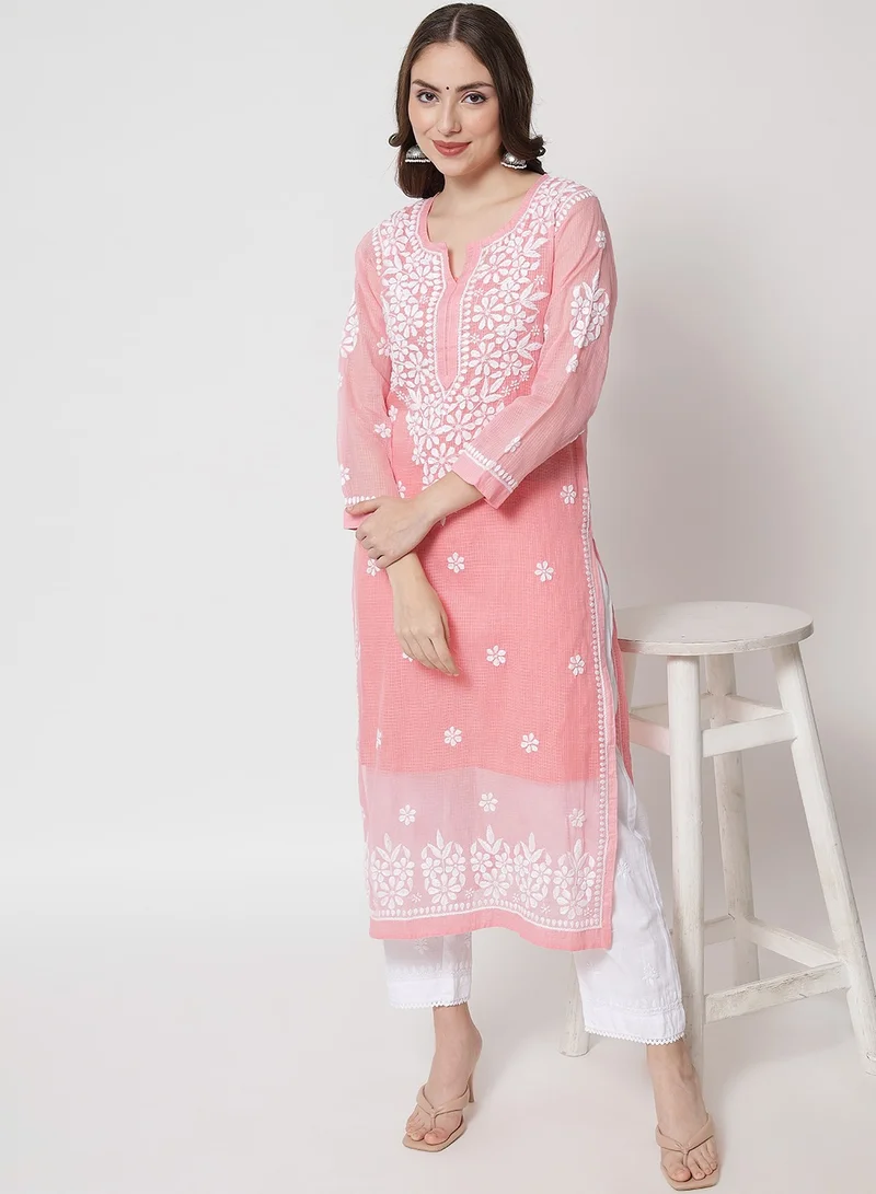 Alaya Hand Embroidered Chikankari Kota Straight Kurta With Slip-AL3540