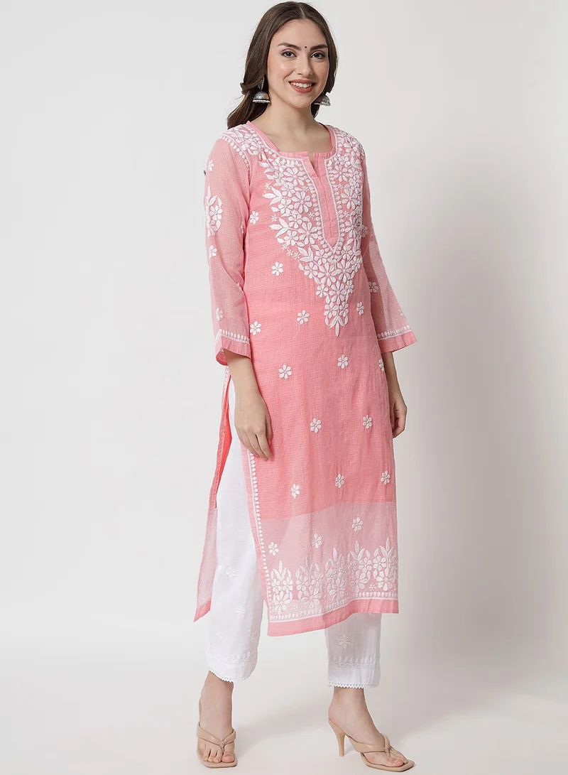 Alaya Hand Embroidered Chikankari Kota Straight Kurta With Slip-AL3540