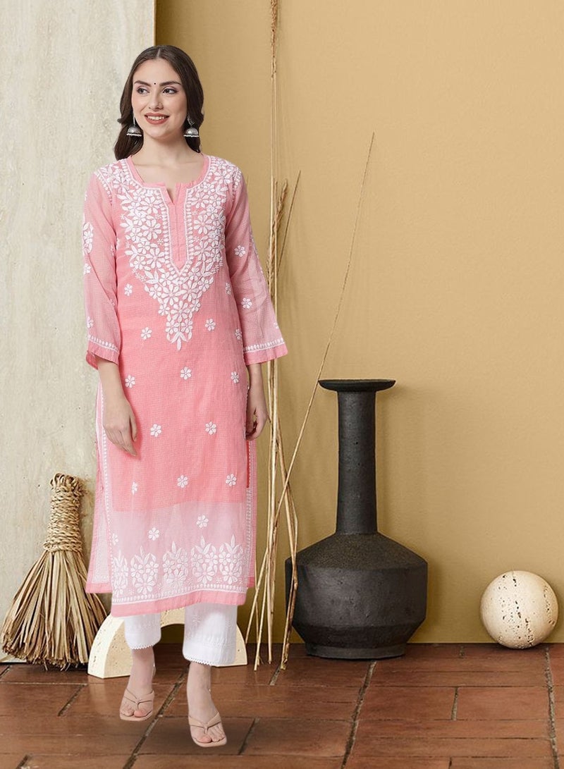 Alaya Hand Embroidered Chikankari Kota Straight Kurta With Slip-AL3540 - Image 1
