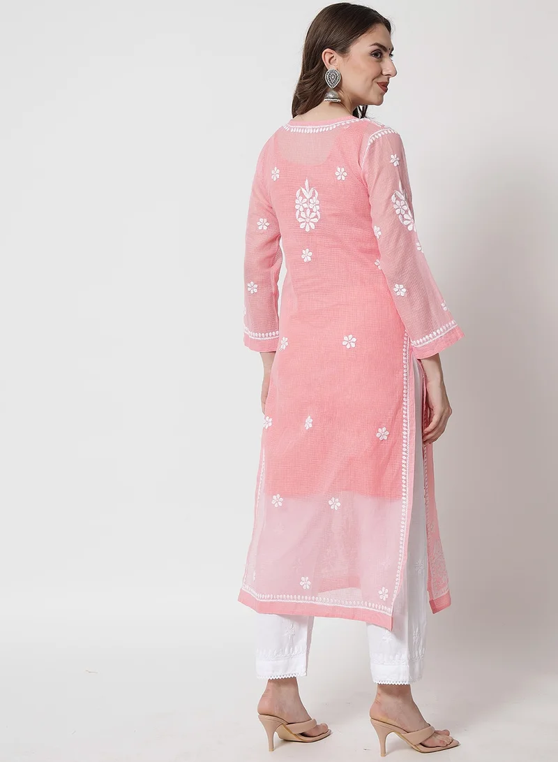 Alaya Hand Embroidered Chikankari Kota Straight Kurta With Slip-AL3540