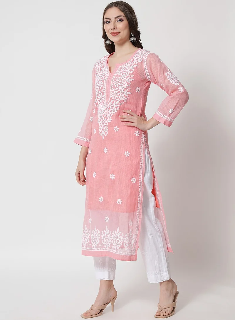 Alaya Hand Embroidered Chikankari Kota Straight Kurta With Slip-AL3540