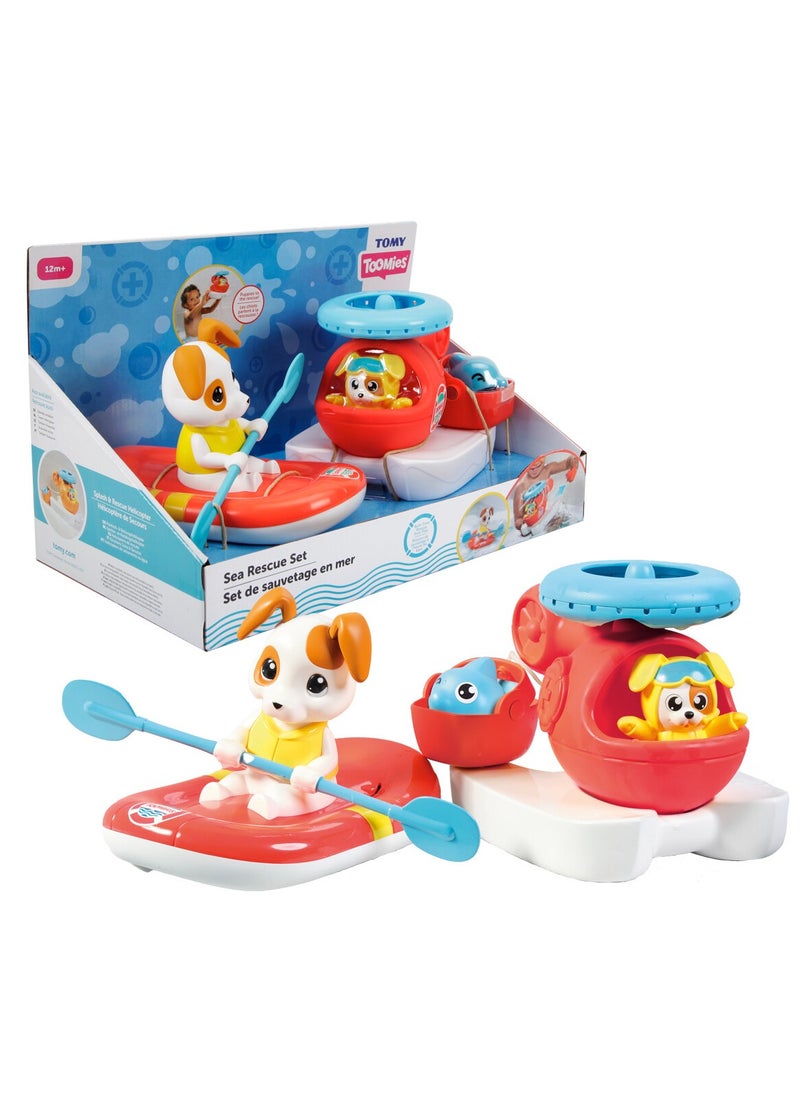 TOMY - Toomies E73307C Ocean Rescue Bath Toy Set – Floating Helicopter & Rowing Raft Bundle for 12+ Months – Water Spinning Rotor and Dolphin Pourer | Multi-Colored - Image 1