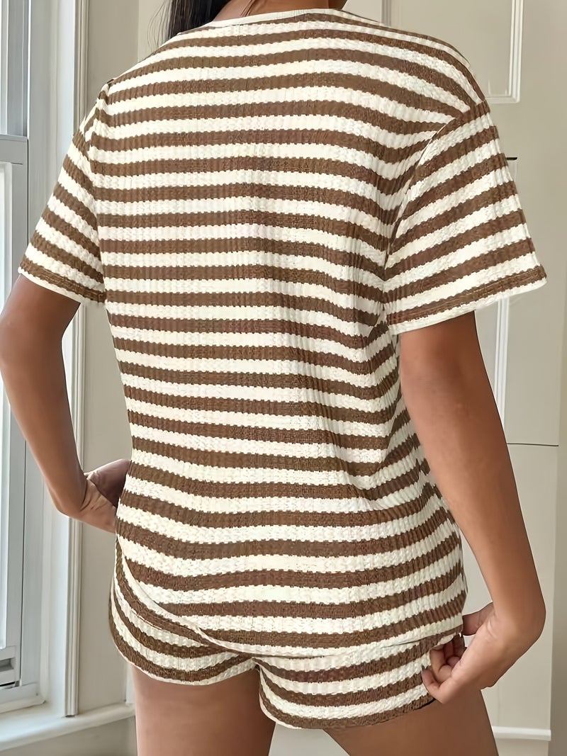 Spring/Summer Women's Casual Outing Fashion Simple Striped Shorts T-Shirt Two-Piece Set - Image 3