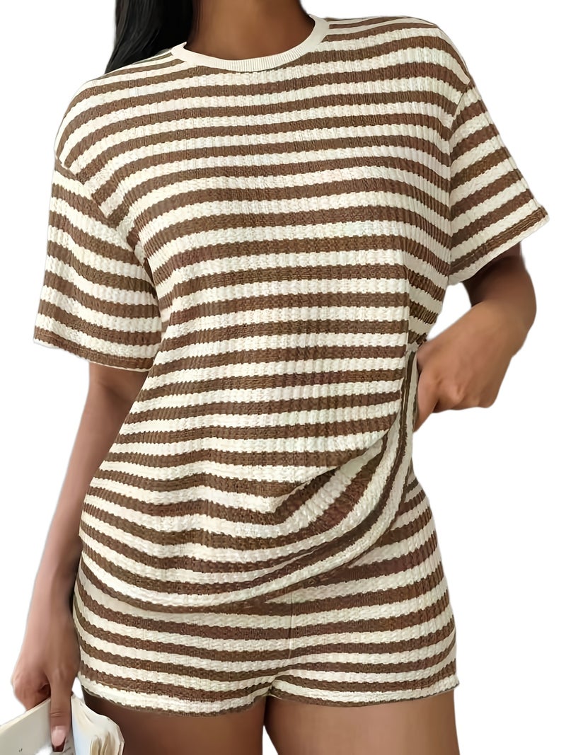 Spring/Summer Women's Casual Outing Fashion Simple Striped Shorts T-Shirt Two-Piece Set - Image 1