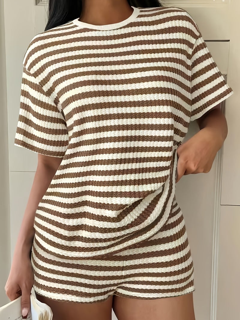 Spring/Summer Women's Casual Outing Fashion Simple Striped Shorts T-Shirt Two-Piece Set - Image 2