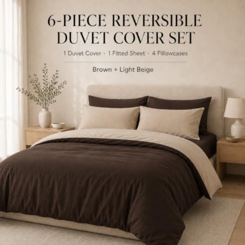King Size Duvet Cover Set - 6 Pcs 220x240cm Reversible Soft Microfiber Duvet Cover, Fitted Sheet and 4 Pillowcases Wrinkle-Free, Easy Care Made in UAE - Image 1
