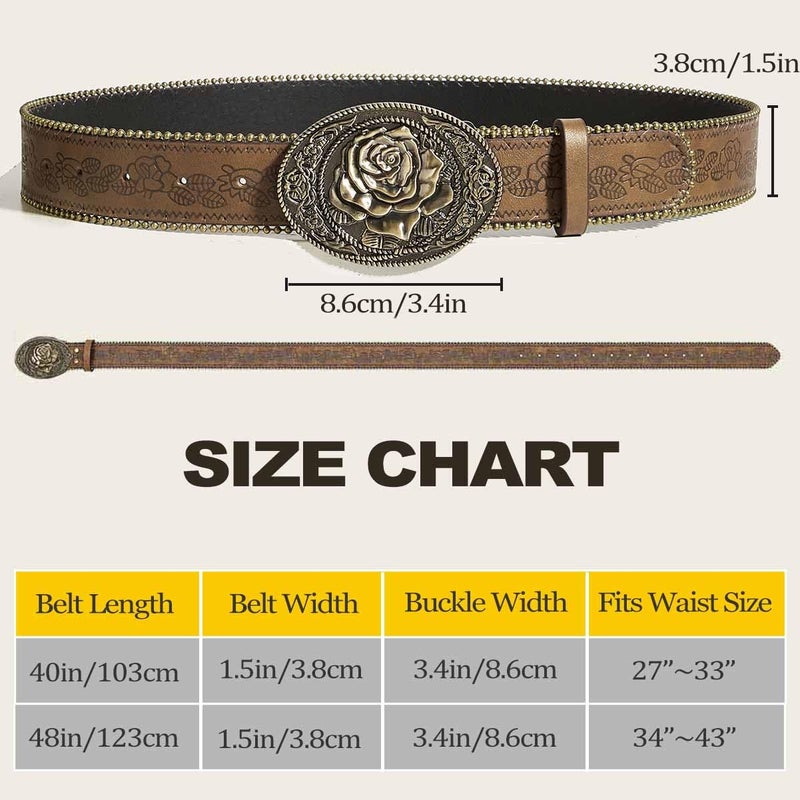 Yalice Women Brown Belt Western Cowgirls Leather Belt with Vintage Buckle Cowboy Country Waist Belts for Jeans Dresses (Brown-Flower Buckle, Fit Waist Size: 27''-33'') - Image 3