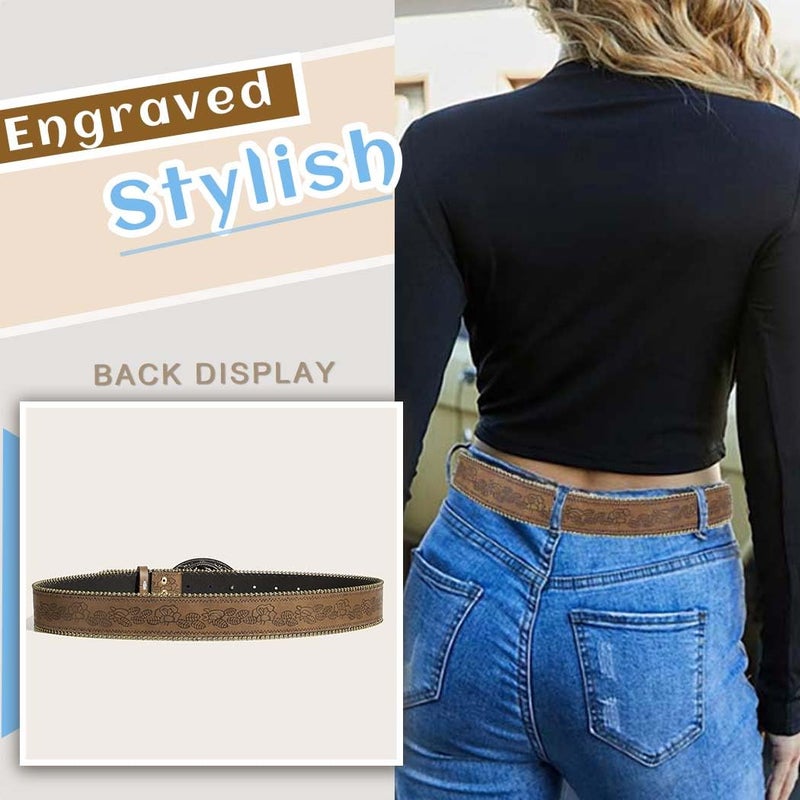 Yalice Women Brown Belt Western Cowgirls Leather Belt with Vintage Buckle Cowboy Country Waist Belts for Jeans Dresses (Brown-Flower Buckle, Fit Waist Size: 27''-33'') - Image 4