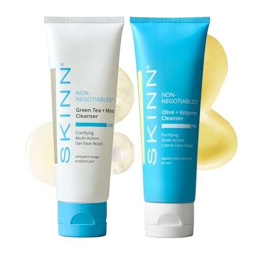 SKINN Day Night Face Wash for Women Men Refreshing Green Tea Mint Infusion Nourishing Olive Enzyme Formula Complete AMPM Cleanser Set for Hydrated - Image 1