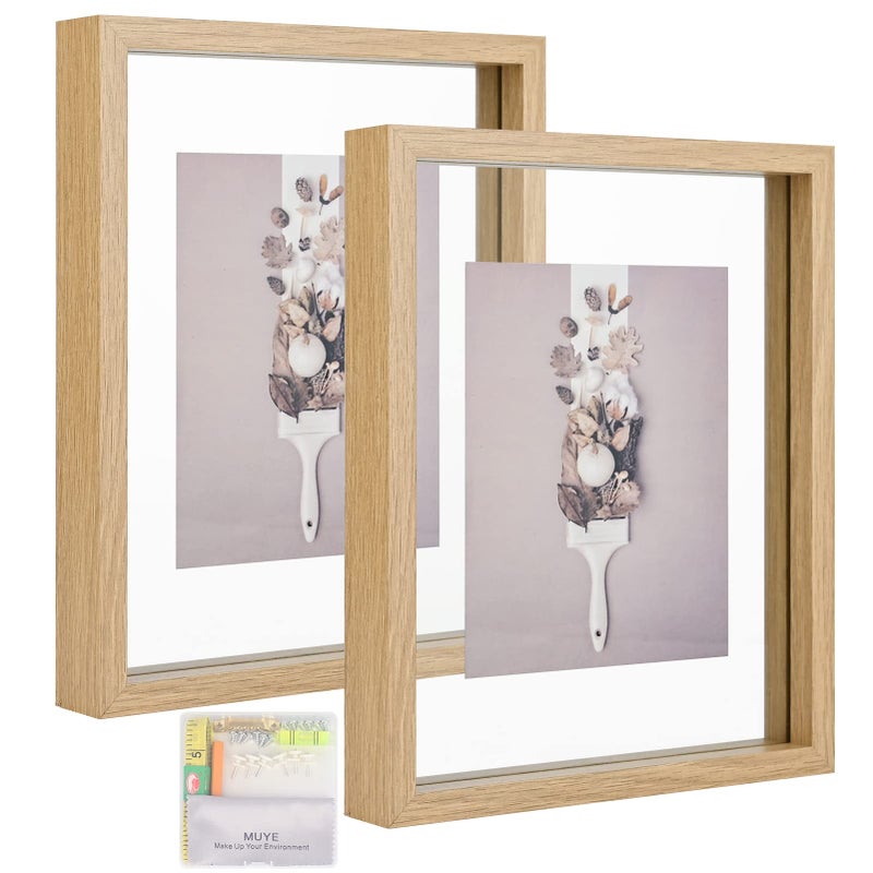 MUYE 8x10 Floating Frame Set of 2Double Glass Rustic Photo Frame for Wall Hanging or Tabletop StandingDisplay Any Size Photo up to 8x10Natural