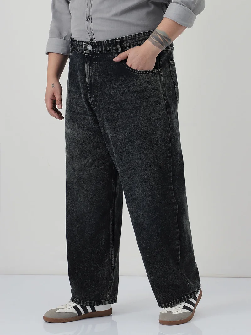 Urbano Fashion  Urbano Plus Men's Black Loose Baggy Fit Heavy Washed Jeans Non-Stretchable  | Best Price UAE