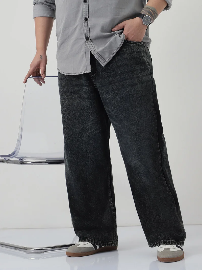 Urbano Plus Men's Black Loose Baggy Fit Heavy Washed Jeans Non-Stretchable