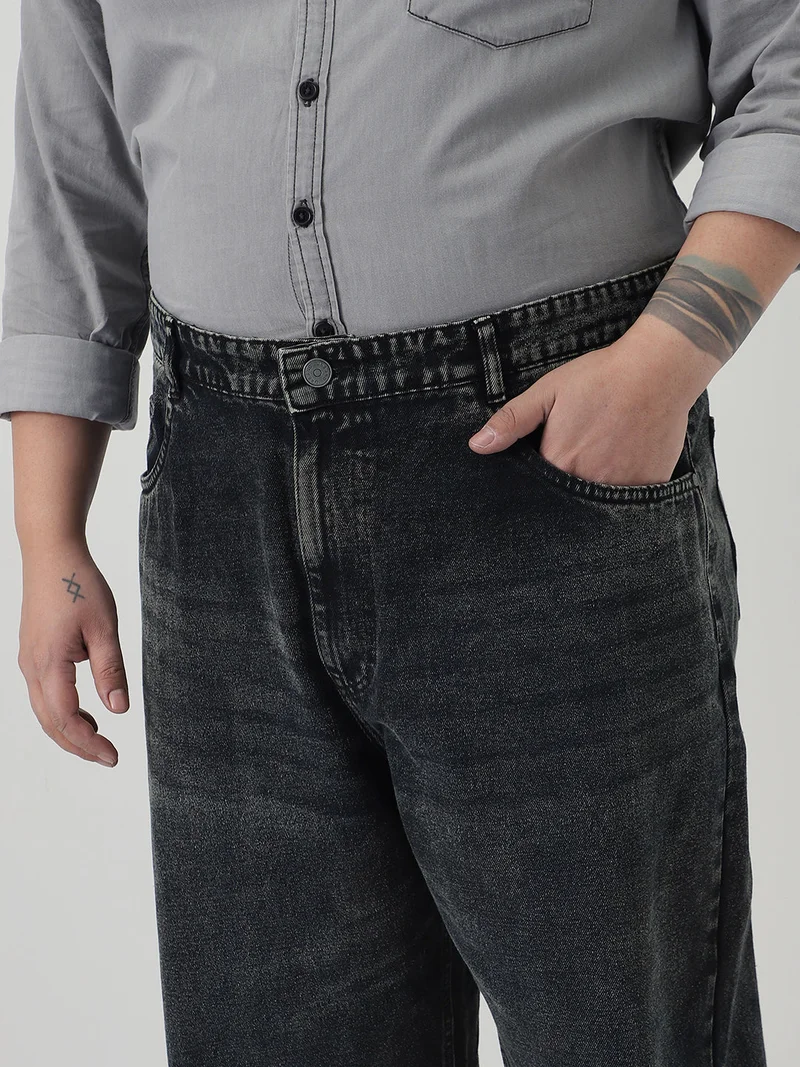 Urbano Fashion  Urbano Plus Men's Black Loose Baggy Fit Heavy Washed Jeans Non-Stretchable  | Best Price UAE