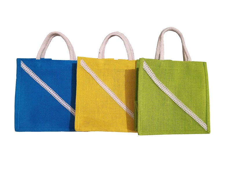 Handmakers Multicolor Jute Gift Bags for diwali Sweet | Gifts Bags | Wedding gift Bags | Gift bags for Corporate gifting | Jute Gift Box | Pack of 3 (8X6X8 inch) - Image 1