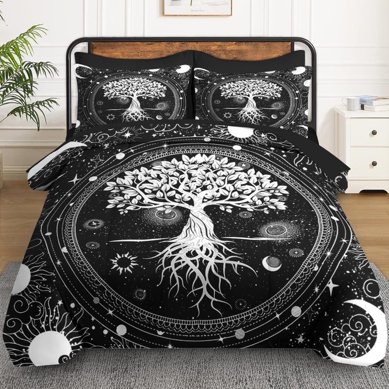 WeCozy 7 Pcs Queen Size Comforter Set with 2 Pillowcases & 2 Shams, Black Gothic Tree of Life Bedding for Kids and Adults, Nature Sun and Moon Bed in a Bag with Flat Fitted Sheet - Image 2