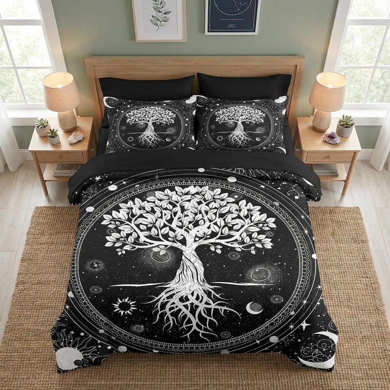 WeCozy 7 Pcs Queen Size Comforter Set with 2 Pillowcases & 2 Shams, Black Gothic Tree of Life Bedding for Kids and Adults, Nature Sun and Moon Bed in a Bag with Flat Fitted Sheet - Image 1