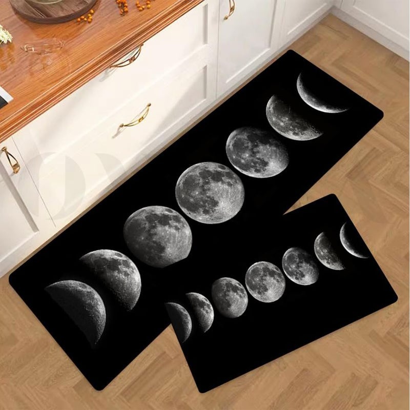 overa Moon Kitchen Rugs Set 2 Pieces Black Non Skid Kitchen Floor Rug and Mat Kitchen Runner Rug Standing Area Mat for Kitchen Floor Decor Moon - Image 2
