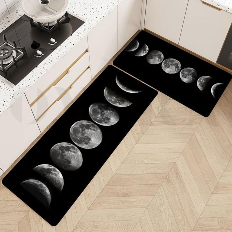 overa Moon Kitchen Rugs Set 2 Pieces Black Non Skid Kitchen Floor Rug and Mat Kitchen Runner Rug Standing Area Mat for Kitchen Floor Decor Moon - Image 3