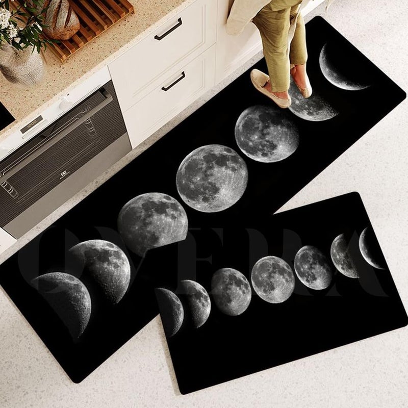 overa Moon Kitchen Rugs Set 2 Pieces Black Non Skid Kitchen Floor Rug and Mat Kitchen Runner Rug Standing Area Mat for Kitchen Floor Decor Moon - Image 1