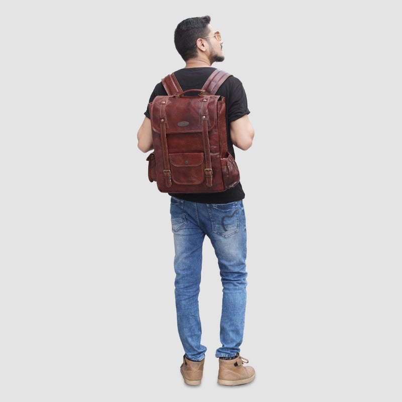 HULSH Handmade 16 Inch Brown Leather Backpack For Men Vintage Easy Open Push Lock Genuine leather backpack for women | Leather laptop backpack for men and women with padded Laptop Compartment - Image 2