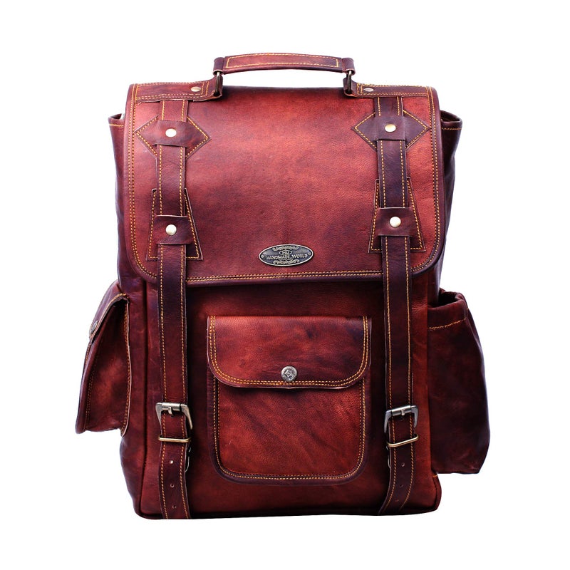 HULSH Handmade 16 Inch Brown Leather Backpack For Men Vintage Easy Open Push Lock Genuine leather backpack for women | Leather laptop backpack for men and women with padded Laptop Compartment - Image 1