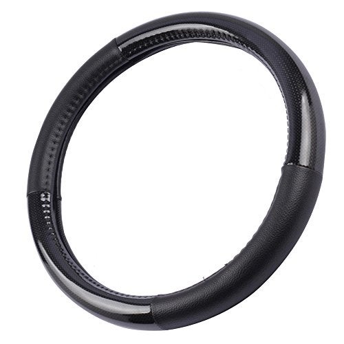 BDK Carbon Fiber Steering Wheel Cover White Vinyl with Fiber Accent - Black Carbon, 14.5-15 inch - Image 2