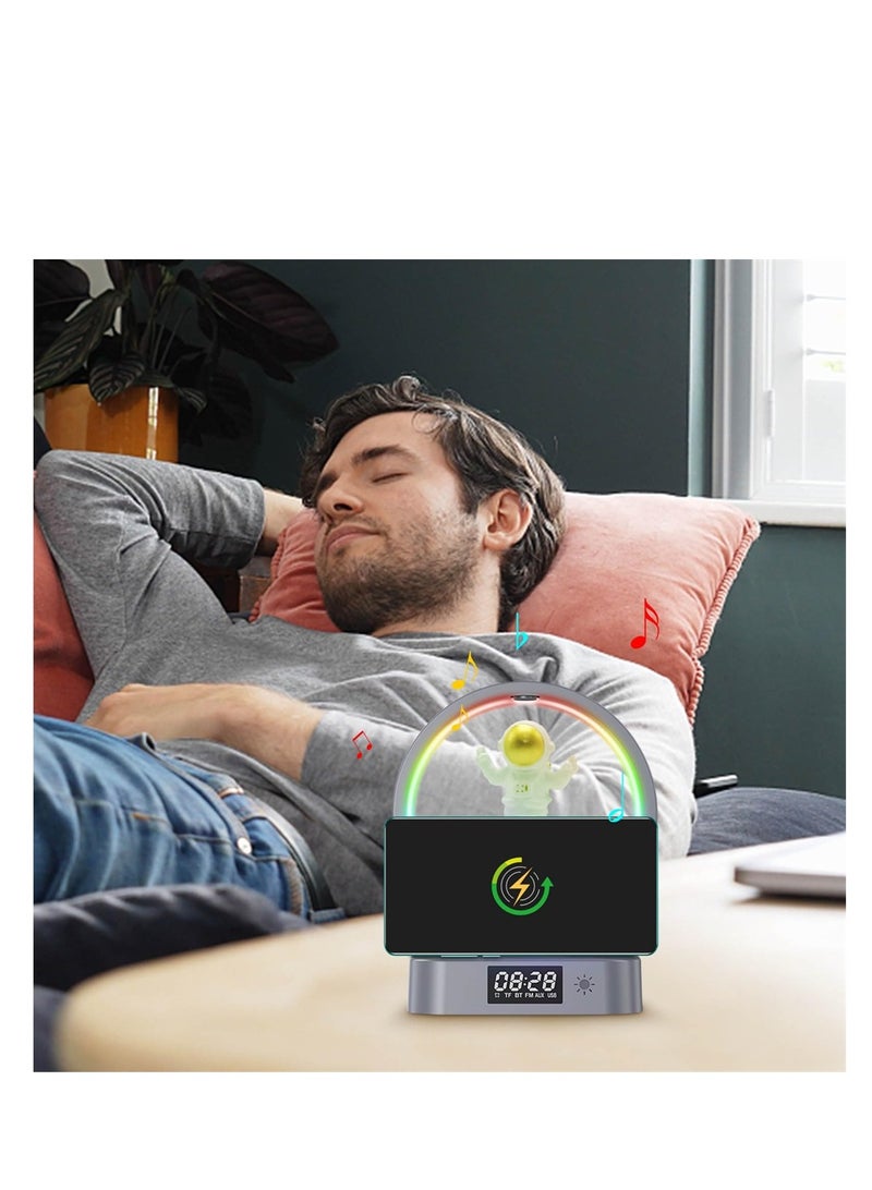 SYOSI Alarm Clock with Wireless Charging Astronaut Decorative Bluetooth Speaker 3 in 1 Dimmable Night Light with Alarm 15W Fast Wireless Charger Mood Light with 4 Light Color Modes - Image 5