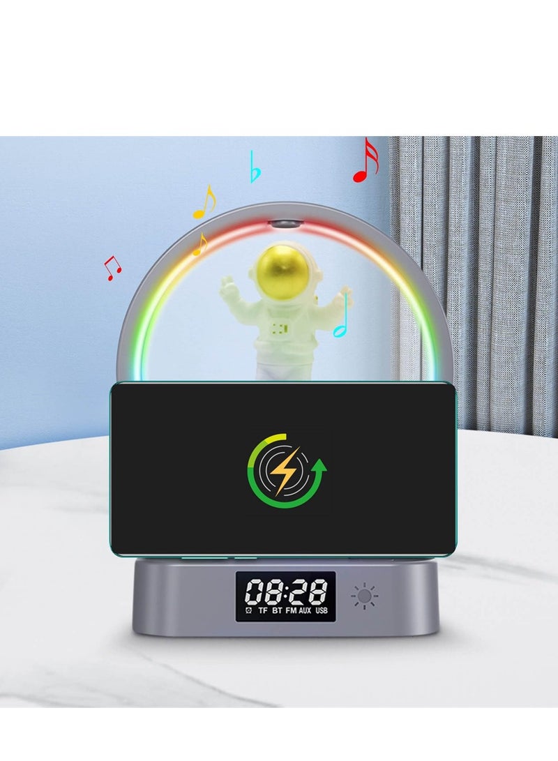 SYOSI Alarm Clock with Wireless Charging Astronaut Decorative Bluetooth Speaker 3 in 1 Dimmable Night Light with Alarm 15W Fast Wireless Charger Mood Light with 4 Light Color Modes - Image 4