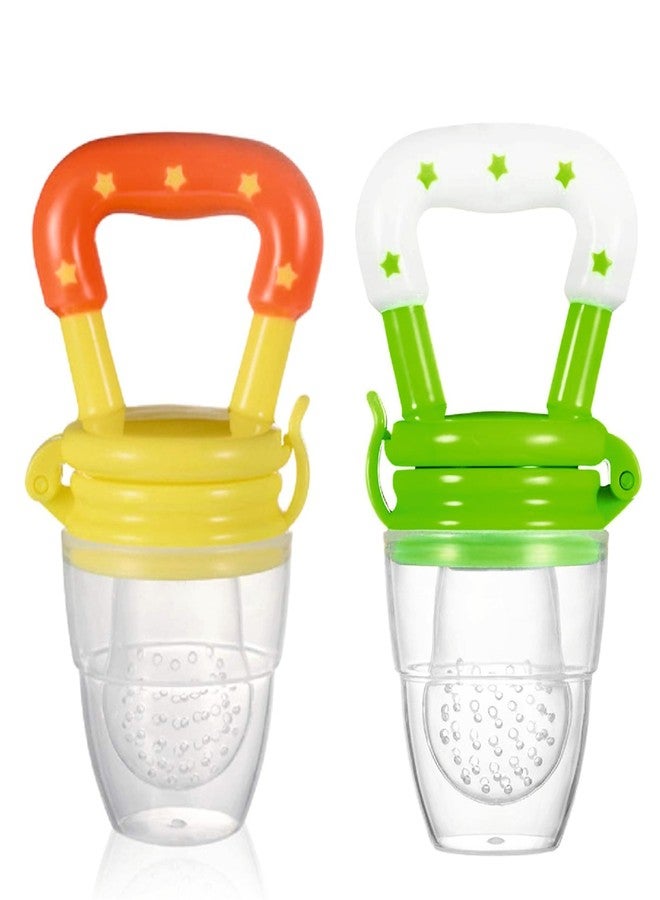 ROFORUF Silicone Fruit and Food Baby Feeder/Squeezer/Pacifier/Nibbler Feeder for Fruit and Veggie with Easy Grip Handle, Pacifier Feeder for New Born Baby 3-12 Months (Pack of 2) (Yellow & Green) - Image 1
