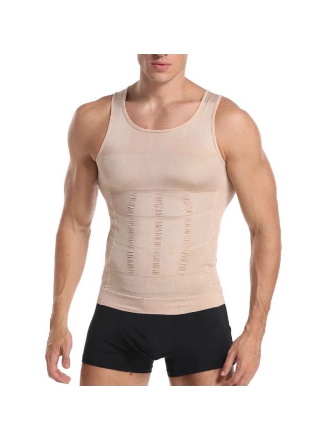 Men's slimming and toning abdominal binder, sleeveless compression shirt, beige, seamless technology, suitable for the gym and post-surgery. - Image 1