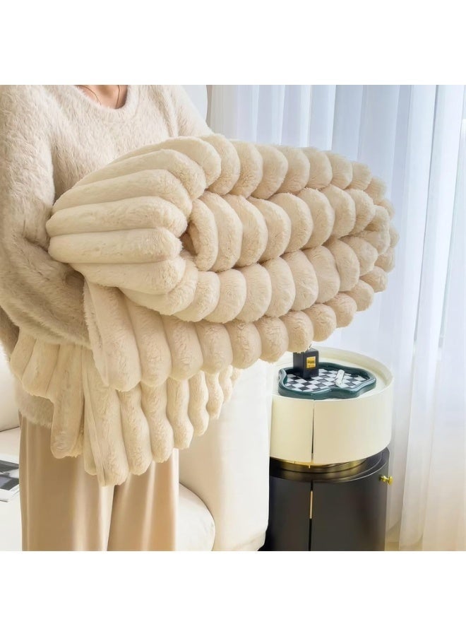 Arabest Furry Couch Throw Blanket, Sherpa Soft Fluffy Luxury Throw Blankets for Winter, Decorative Lightweight Striped Blanket for Bed Chair Sofa, Faux Fur Beige Blanket for Gift (180 x 200 cm) - Image 1