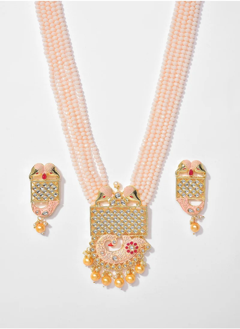 SOHI Pink & White Stone Studded & Beaded Jewellery Set