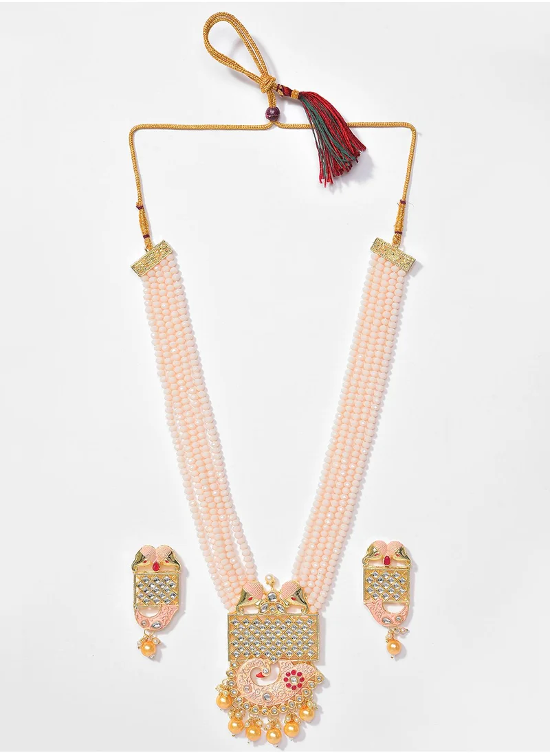 سوهي Pink & White Stone Studded & Beaded Jewellery Set