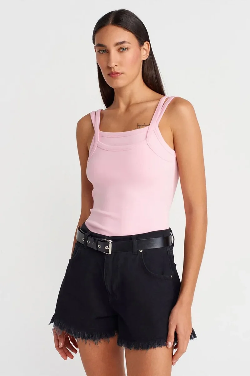 DILVIN Ribbed Sleeveless Square-neck Blouse