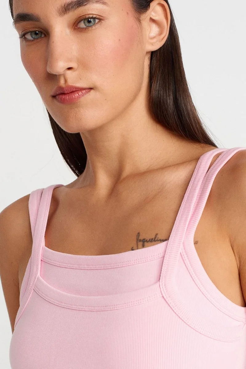 Dilvin Powder Pink DILVIN Ribbed Sleeveless Square-neck Blouse for Women | Best Price UAE