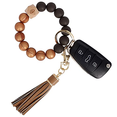 BIHRTC Silicone Beaded key Ring Holder Wristlet PU Leather Tassel Bracelet Charm Portable House Car Bangle Keychain Wristlet for Women Girls Wrist Key Chain - Image 1