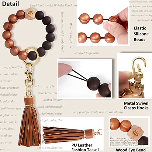 BIHRTC Silicone Beaded key Ring Holder Wristlet PU Leather Tassel Bracelet Charm Portable House Car Bangle Keychain Wristlet for Women Girls Wrist Key Chain - Image 3