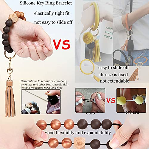 BIHRTC Silicone Beaded key Ring Holder Wristlet PU Leather Tassel Bracelet Charm Portable House Car Bangle Keychain Wristlet for Women Girls Wrist Key Chain - Image 4