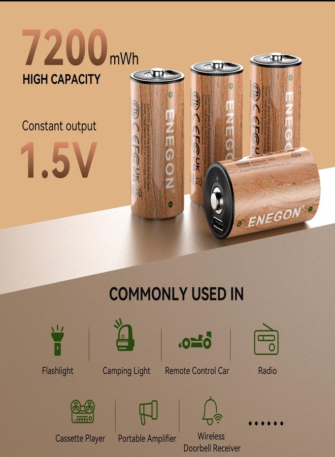 إنيجون بطاريات ENEGON LR14 C قابلة لإعادة الشحن، عبوة من 4 قطع، ليثيوم 7200 مللي أمبير/ساعة، مقاس C، 1.5 فولت، كابل شحن USB-C، بطاريات C عالية السعة للألعاب والمصابيح الكهربائية - Image 2