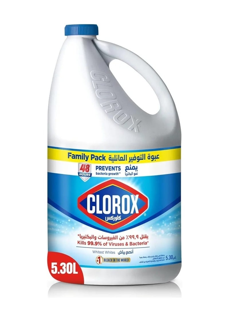 السائل المبيض 5.30 لتر، يقتل 99.9% من الفيروسات والبكتيريا، يمنع نمو البكتيريا لمدة 48 ساعة، ويزيل البقع