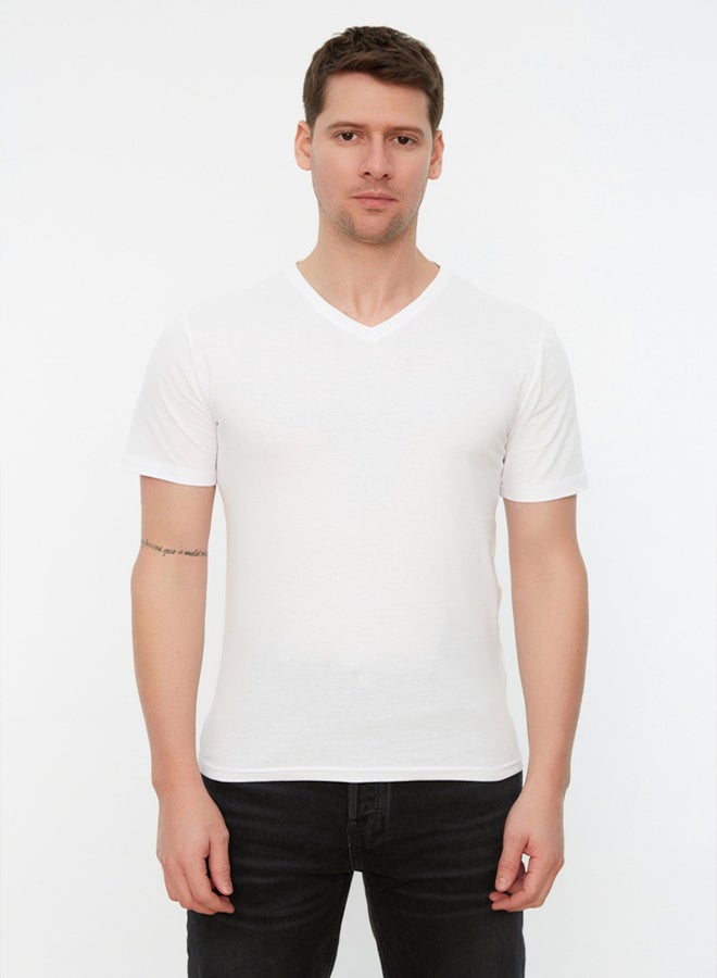 trendyol White Slim/Slim Cut Basic V Neck Short Sleeve 100% Cotton T-Shirt - Image 4