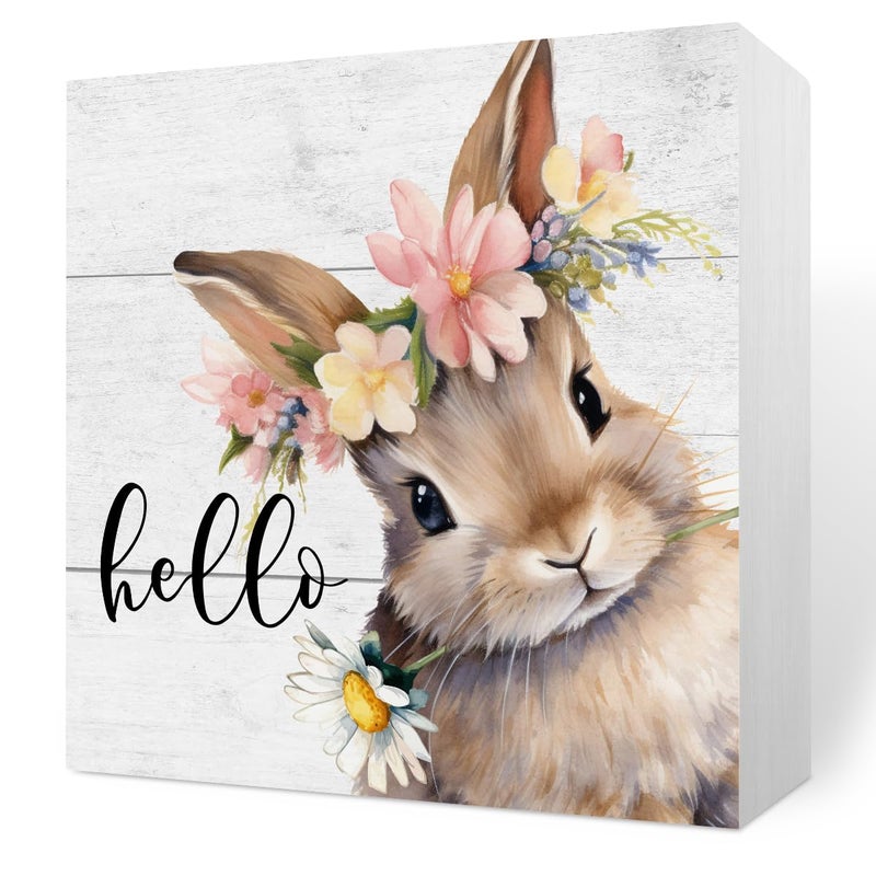 MIGUMUTU Rustic Spring Easter Decorations Bunny Rabbit Wreath Desk Decor Cute Hello Wood Box Sign Farmhouse Home Office Desk Shelf Cubicle Decor 5 X 5 Inch - Image 1