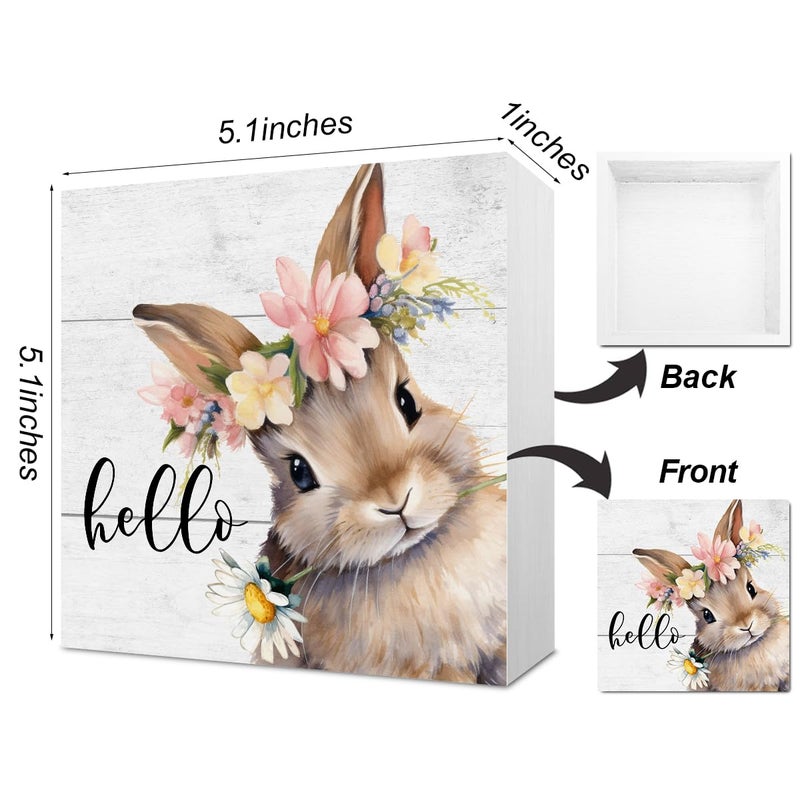 MIGUMUTU Rustic Spring Easter Decorations Bunny Rabbit Wreath Desk Decor Cute Hello Wood Box Sign Farmhouse Home Office Desk Shelf Cubicle Decor 5 X 5 Inch - Image 2