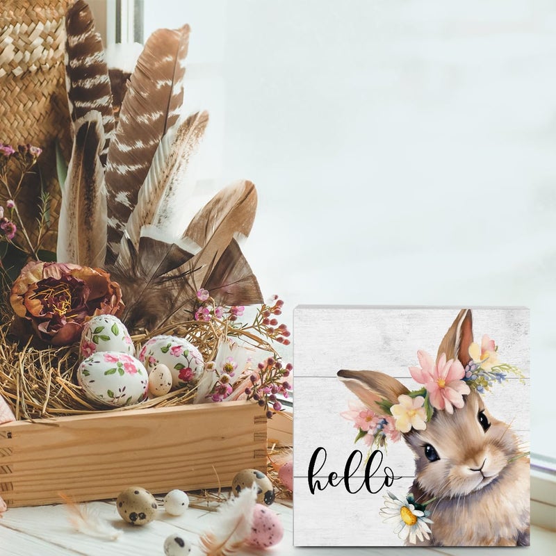 MIGUMUTU Rustic Spring Easter Decorations Bunny Rabbit Wreath Desk Decor Cute Hello Wood Box Sign Farmhouse Home Office Desk Shelf Cubicle Decor 5 X 5 Inch - Image 5